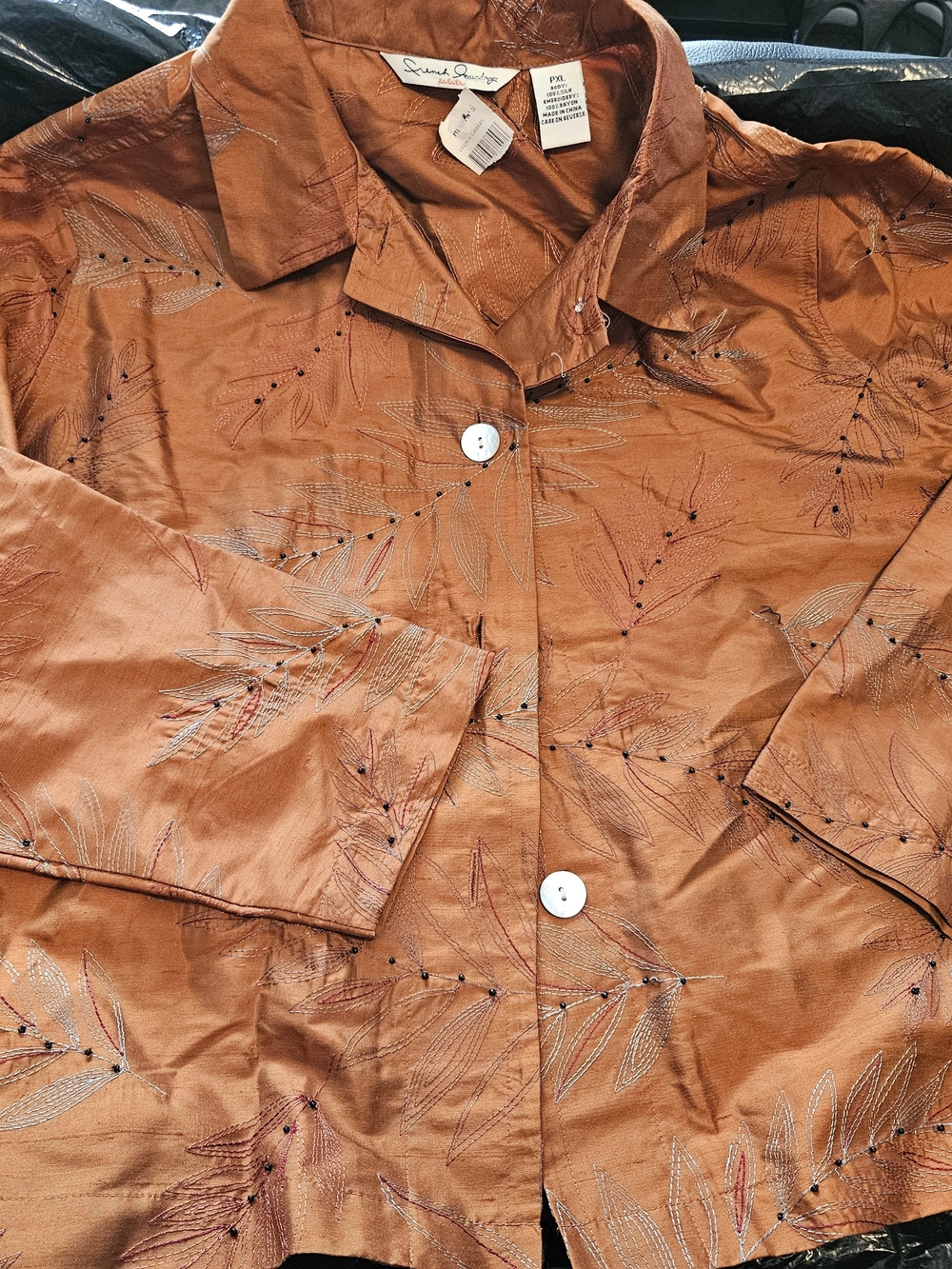 French Laundry Petite Embroidered Button Down Brown Medium NWT